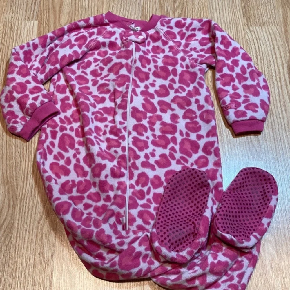 Pink Leopard Print Fleece Footed Pajamas Sleepwear Romper One Piece